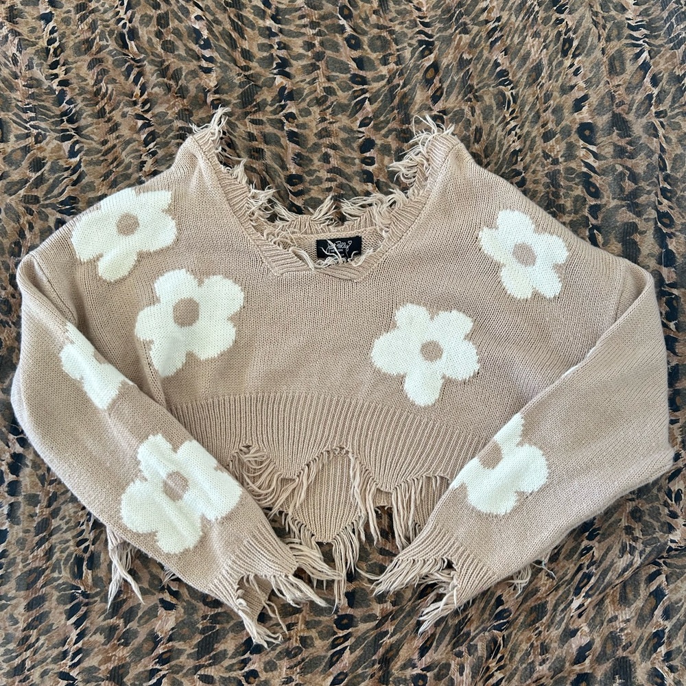 Floral V-Neck Fringe Sweater - Cream and Tan